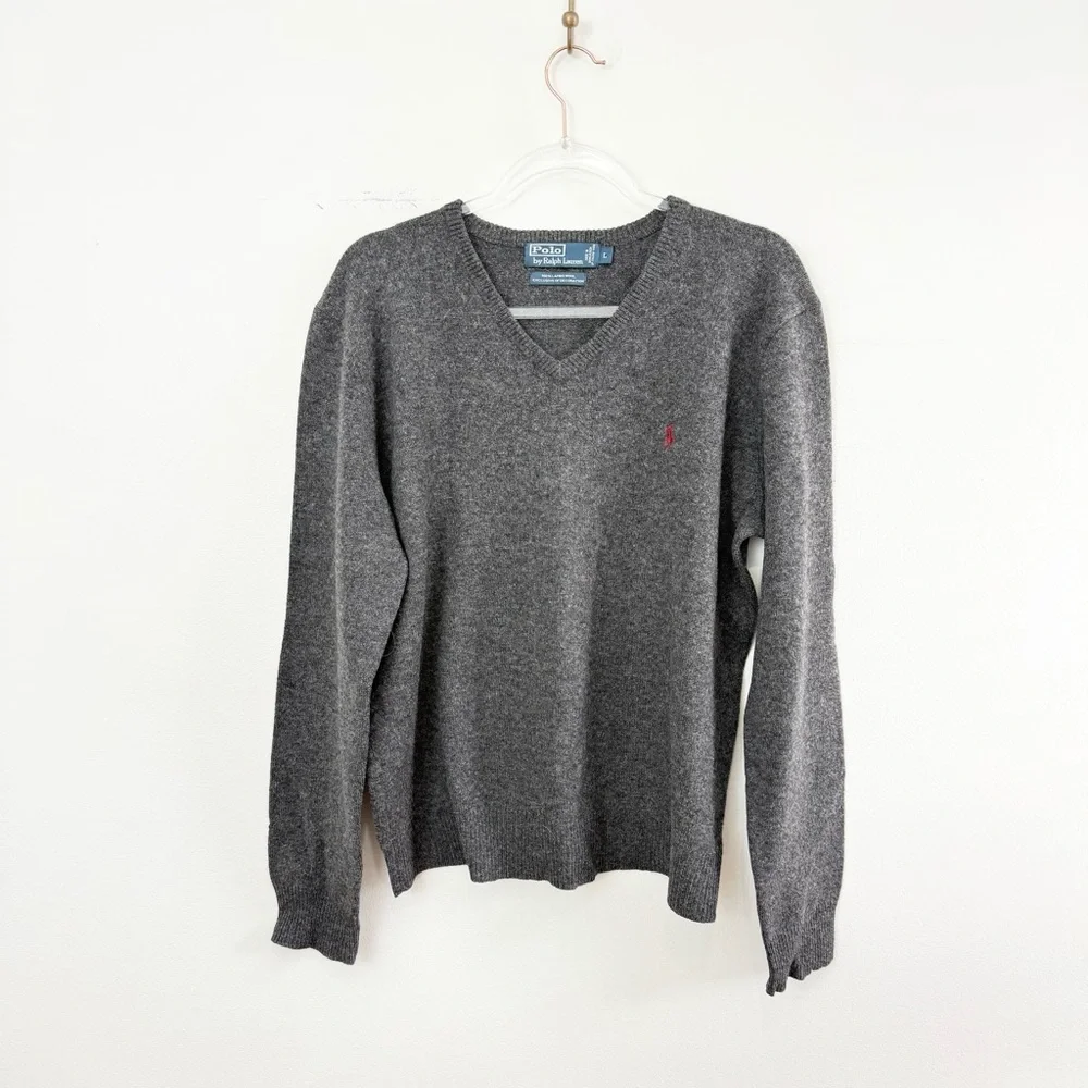 Polo Ralph Lauren Lambswool V Neck Sweater Gray Men’s Large Classic Logo Knit